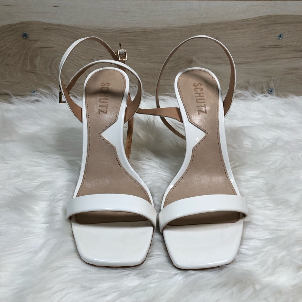 Schutz White Patent Leather Sculpted High Heel Sandals